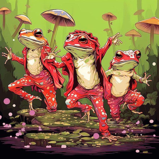 Foto un dibujo de dibujos animados de tres ranas con hongos y un fondo verde