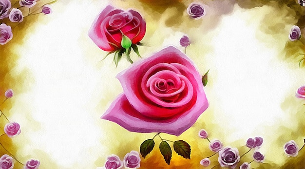 Dibujo digital de fondo floral natural con hermosas flores en pintura sobre papel