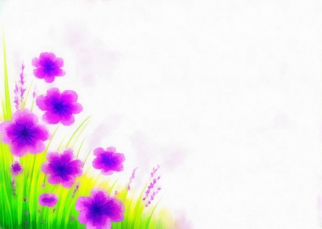 Dibujo digital de fondo floral natural con hermosas flores en pintura sobre papel