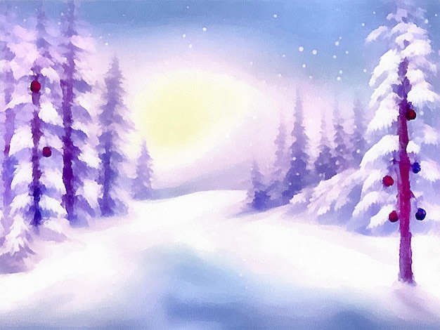 Dibujo digital de fondo de naturaleza navideña con nieve y árboles de navidad pintando en estilo papel