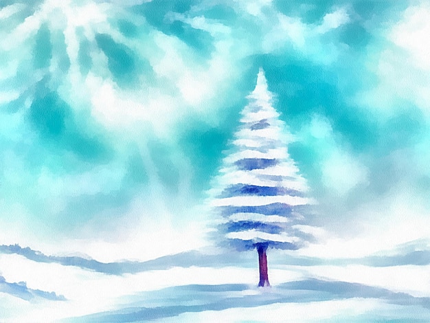 Dibujo digital de fondo de naturaleza navideña con nieve y árboles de navidad pintando en estilo papel