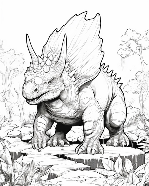 un dibujo de un dinosaurio con alas en una roca en el bosque generativo ai