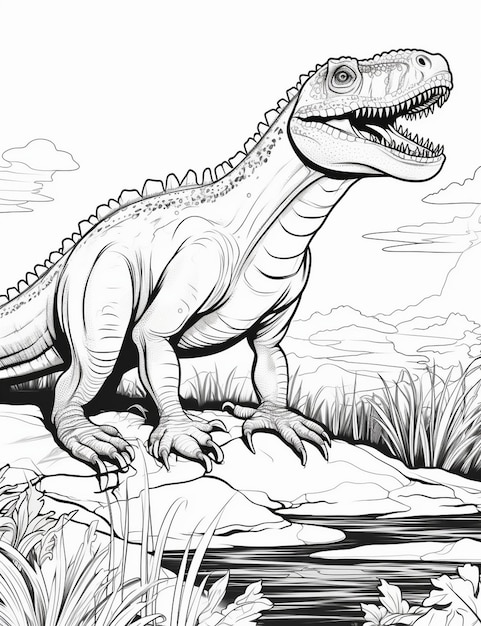 un dibujo de un dinosaurio con un fondo blanco y negro.