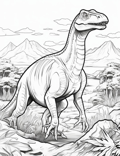 un dibujo de un dinosaurio con montañas al fondo