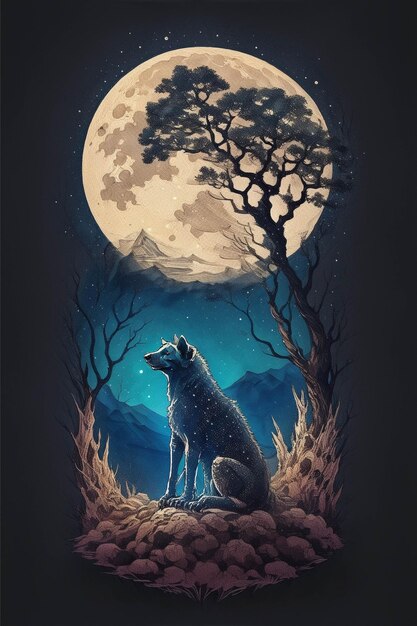 Dibujo de diseño para camiseta hiena en bosque bajo ilustración de imagen de luz de luna