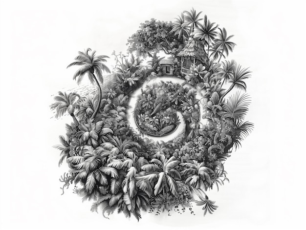 un dibujo de una disposición circular de plantas y árboles generativos ai