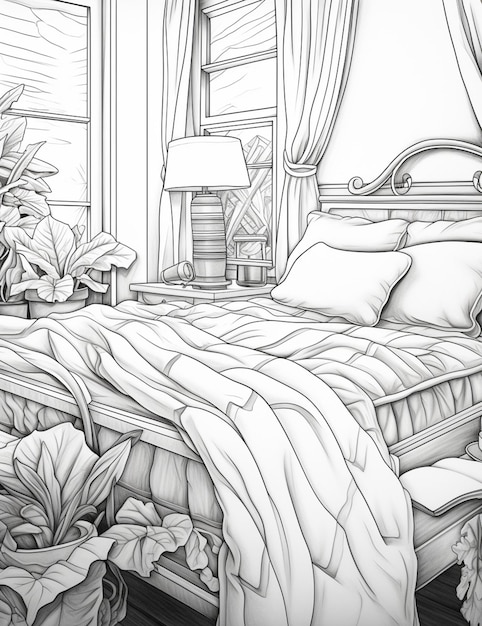 Foto un dibujo de un dormitorio con una cama y una planta generativa ai