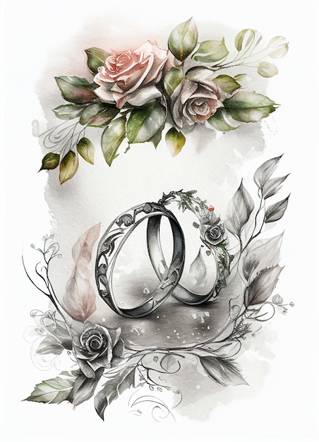 Un dibujo de dos anillos de bodas con rosas y rosas