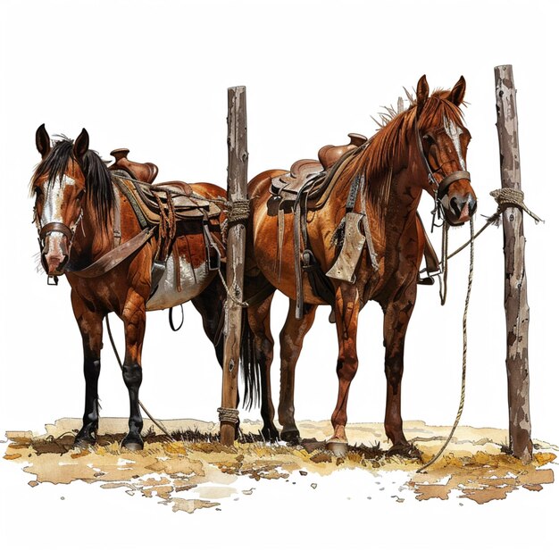 Foto un dibujo de dos caballos con una silla de montar en la parte de atrás de ellos