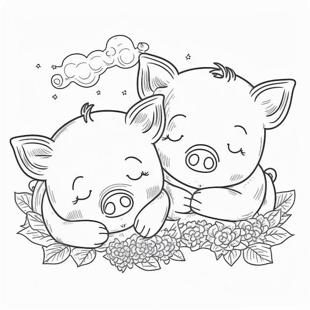 Foto un dibujo de dos cerdos abrazándose en un lecho de flores generativo ai