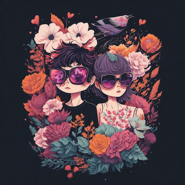 Un dibujo de dos chicas con gafas de sol y un pájaro sobre un fondo negro.