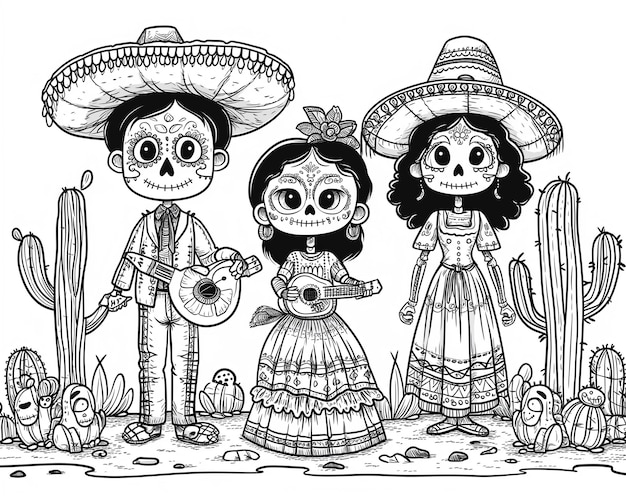 un dibujo de dos chicas mexicanas y un hombre en trajes tradicionales generativo ai