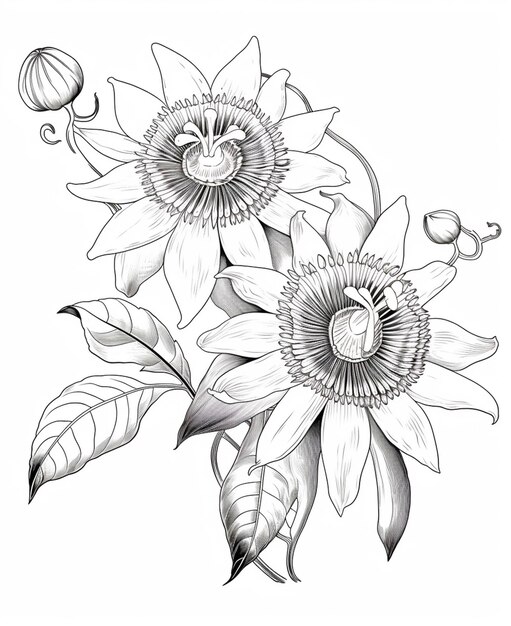 un dibujo de dos flores con hojas y brotes en un fondo blanco