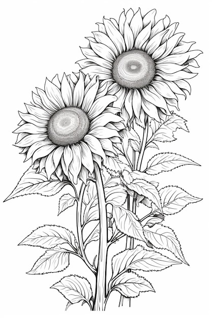 Un dibujo de dos girasoles con hojas sobre un fondo blanco generativo ai