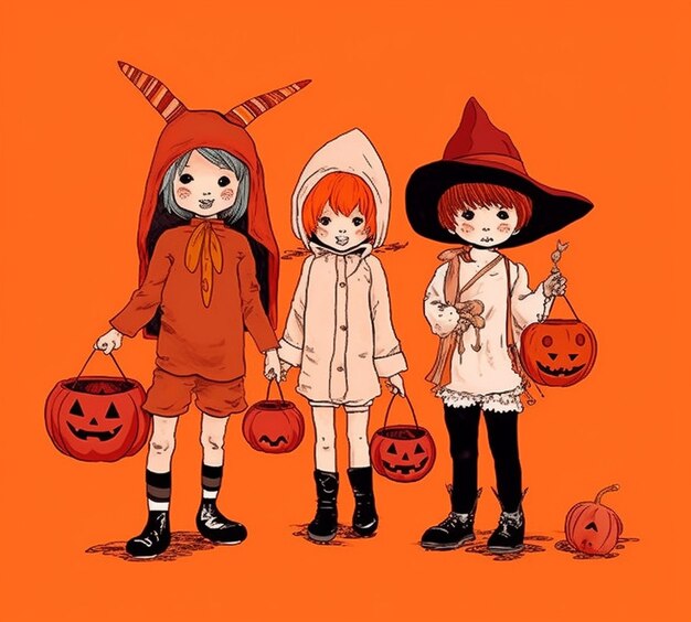 un dibujo de dos niñas y una calabaza con un sombrero de bruja.