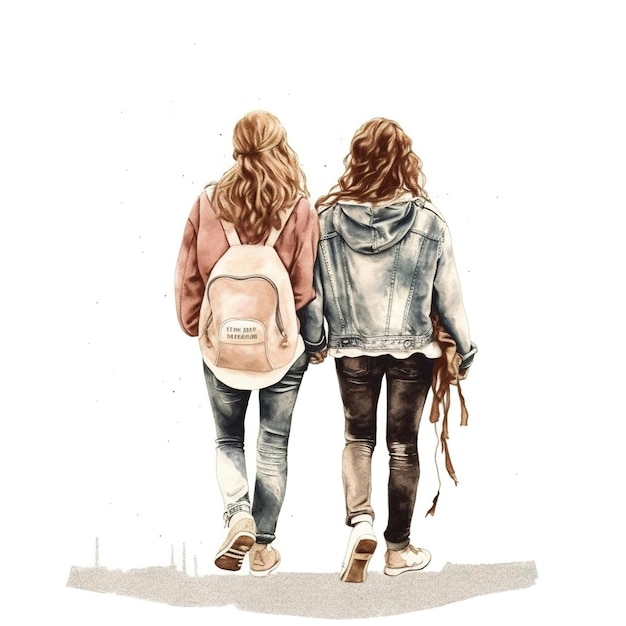 Un dibujo de dos niñas caminando por una calle con la palabra en la parte de atrás