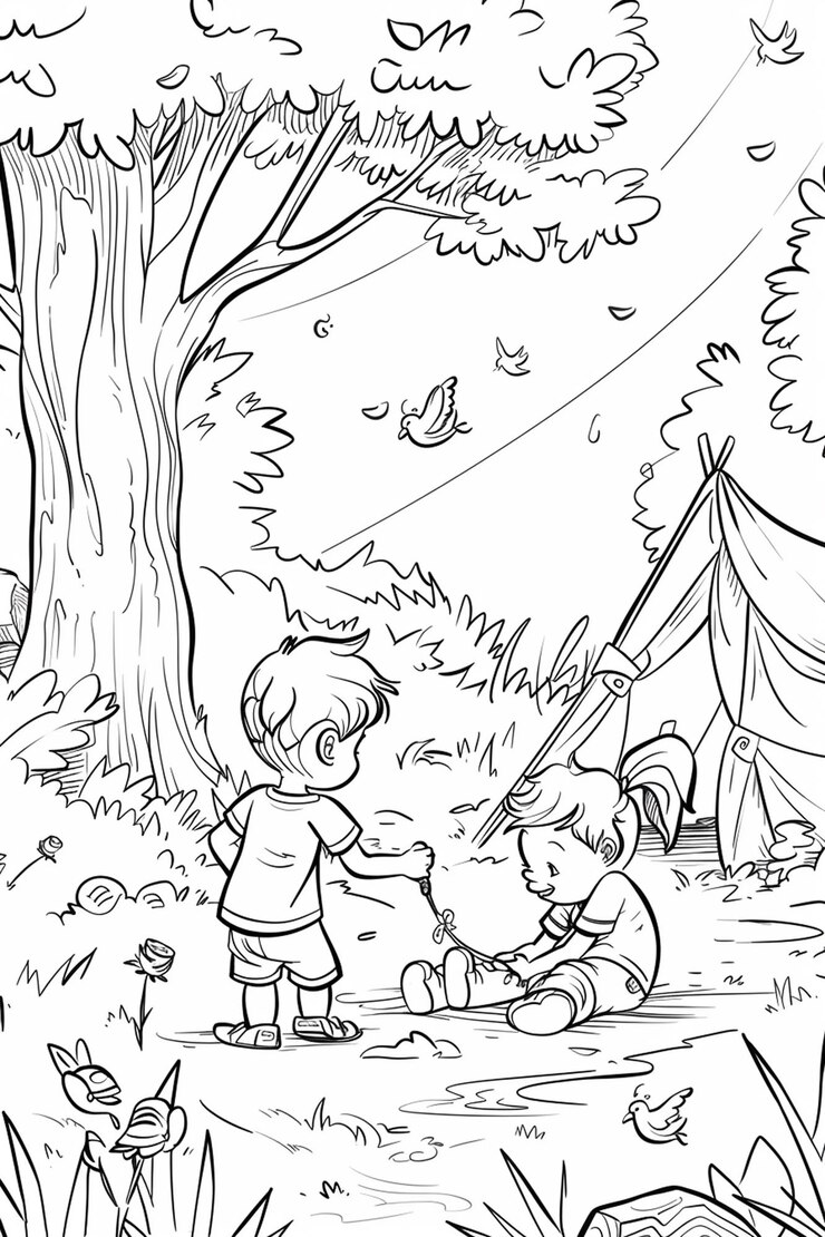 un dibujo de dos niños sentados en la hierba con un pájaro en el fondo