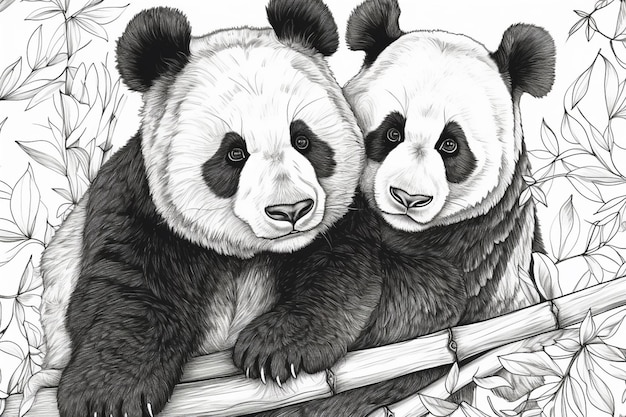 Un dibujo de dos pandas en una valla de bambú.