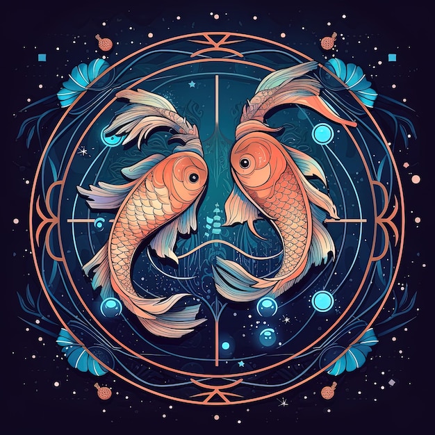 Un dibujo de dos peces que están en el centro de un círculo.