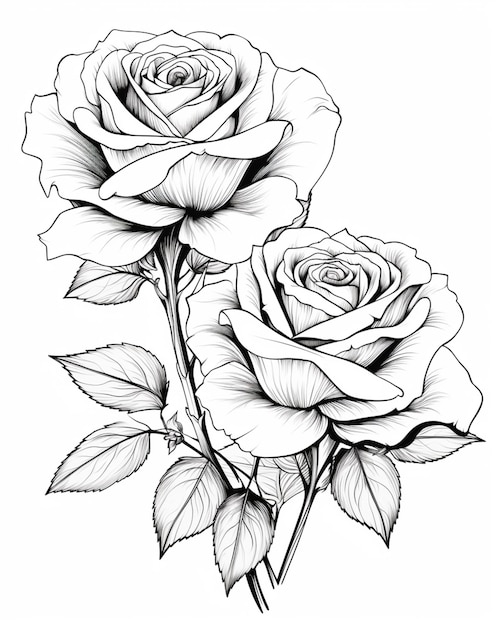 un dibujo de dos rosas con hojas en un fondo blanco