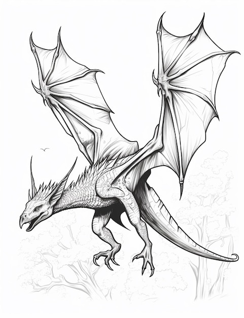 un dibujo de un dragón con las alas extendidas y un cuerpo de agua ai generativo
