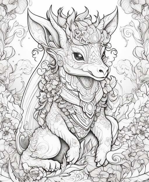 un dibujo de un dragón con una cabeza de dragón y una cola de dragón generativo ai