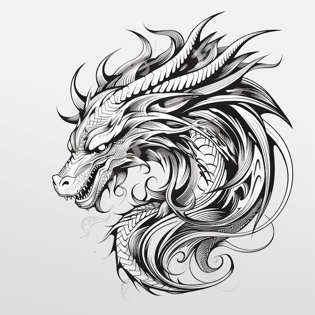 un dibujo de un dragón con una larga melena y una cabeza grande generativo ai