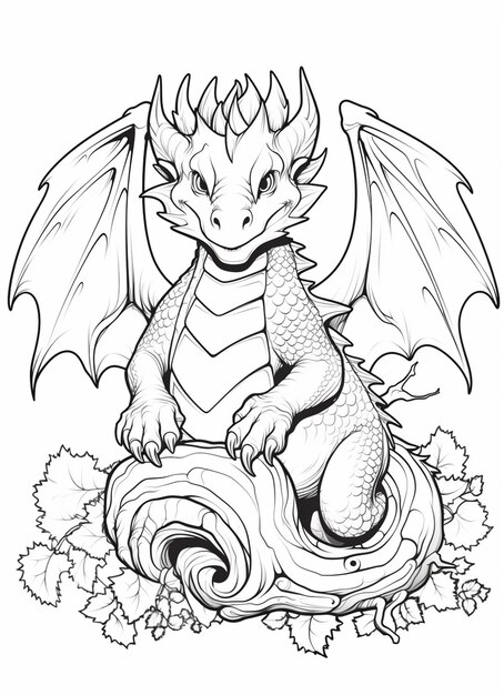 Foto un dibujo de un dragón sentado en una roca con hojas generativas ai