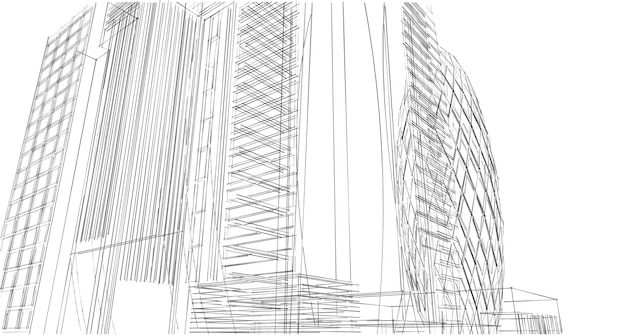 Dibujo de edificio arquitectónico ilustración 3d, líneas de perspectiva de edificio de arquitectura