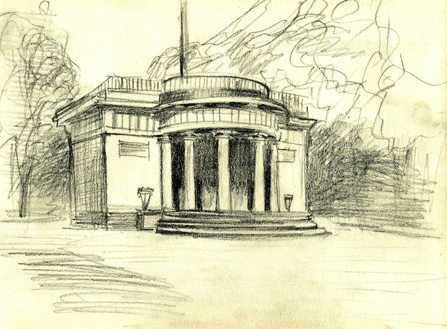 un dibujo de un edificio con una bandera en él