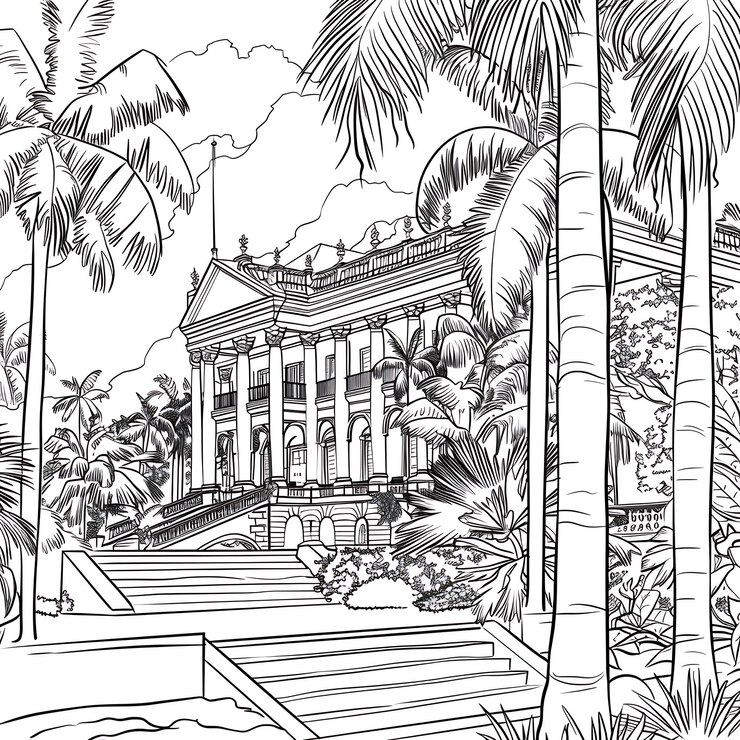 un dibujo de un edificio grande con una escalera que conduce a él