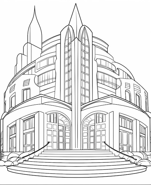 Un dibujo de un edificio grande con una escalera que conduce a él