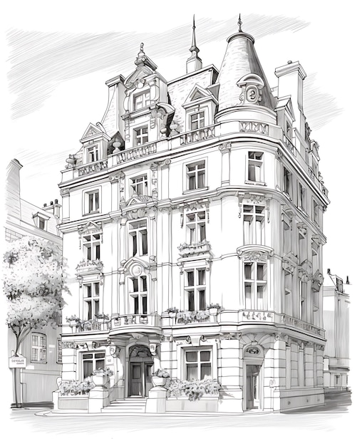 dibujo de un edificio inglés en blanco y negro