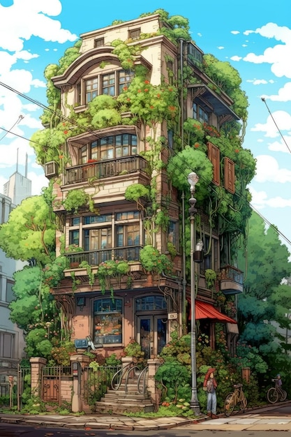 Un dibujo de un edificio que tiene árboles y plantas.