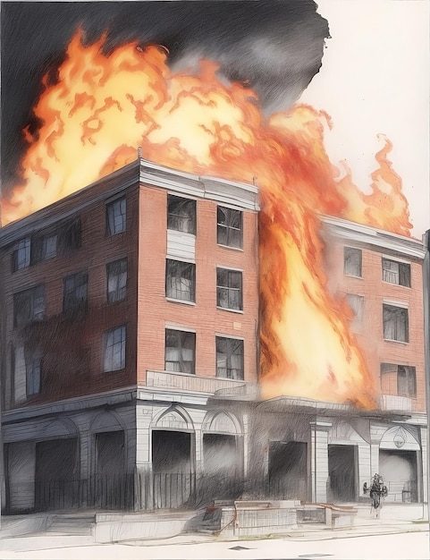 un dibujo de un edificio que tiene un incendio en él