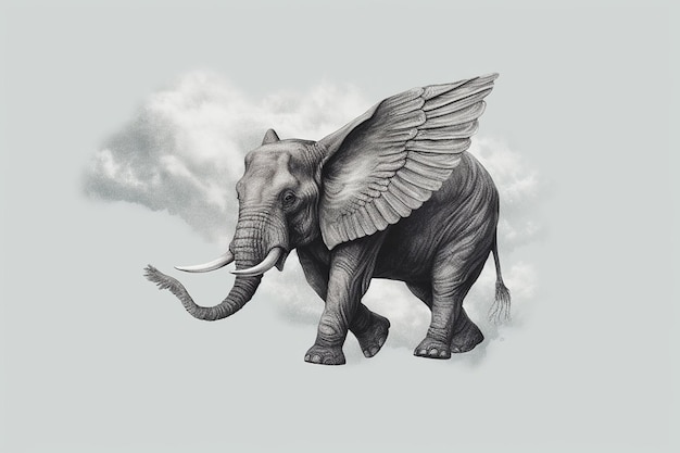 Un dibujo de un elefante con alas en la cabeza.