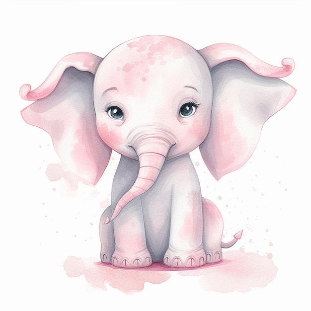 Un dibujo de un elefante bebé con la cara y los ojos rosados.