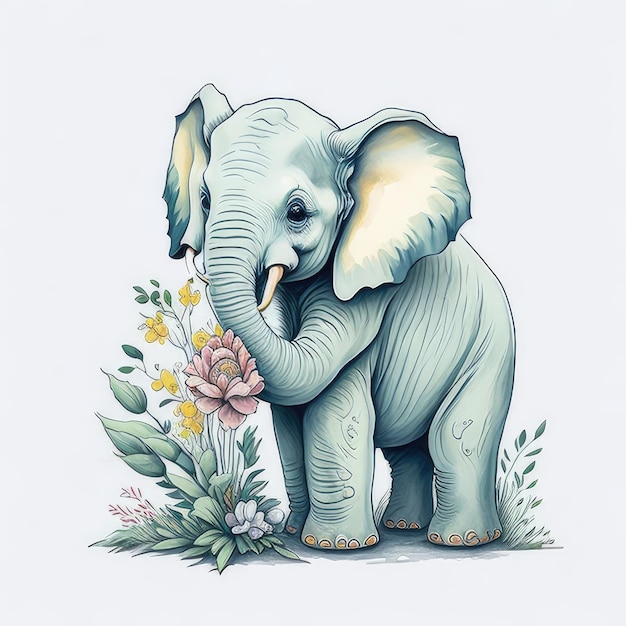 Un dibujo de un elefante bebé con flores.