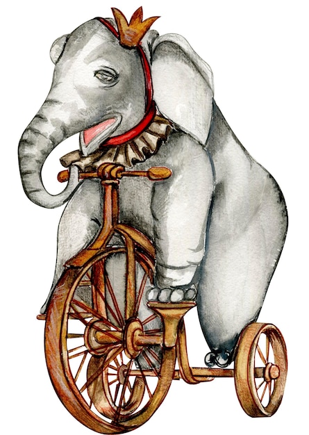 Un dibujo de un elefante en bicicleta con una cinta roja alrededor de su cuello