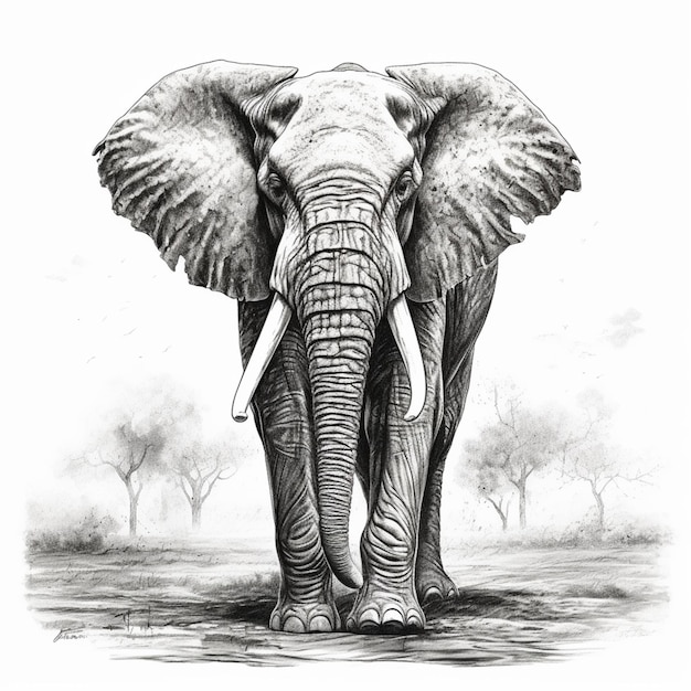dibujo de un elefante con un gran colmillo caminando en la hierba generativo ai