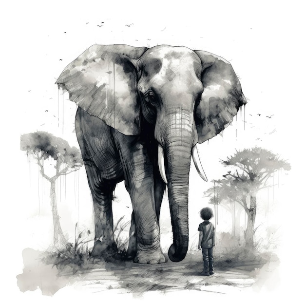 Un dibujo de un elefante con un hombre parado frente a él.