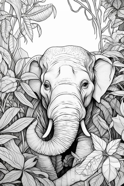 Foto dibujo de un elefante en una jungla con hojas y flores generativo ai