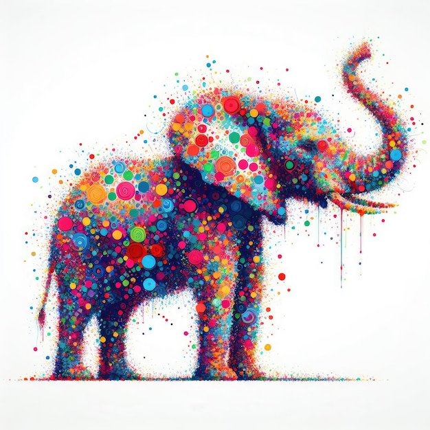 un dibujo de un elefante con manchas y puntos coloridos