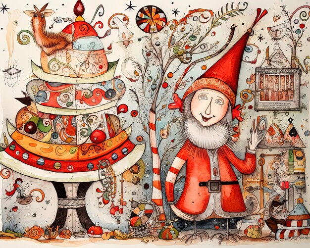 Foto un dibujo de un elfo con un sombrero rojo y un árbol con un gato en él
