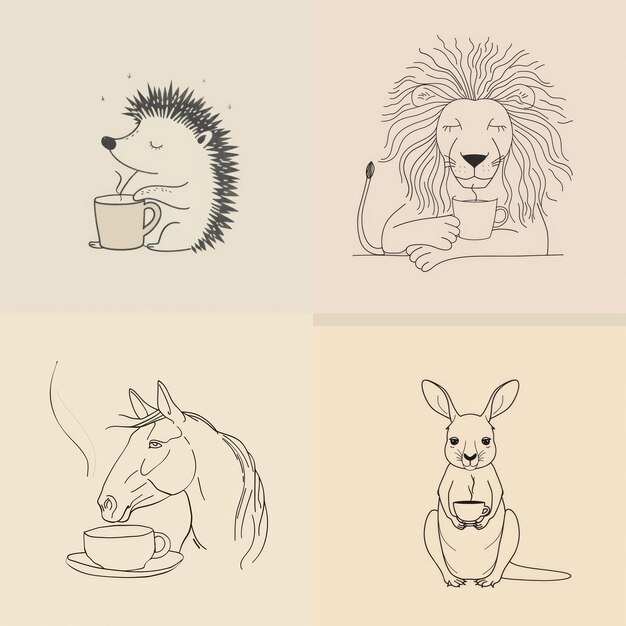 un dibujo de un erizo y un conejo con una taza de café