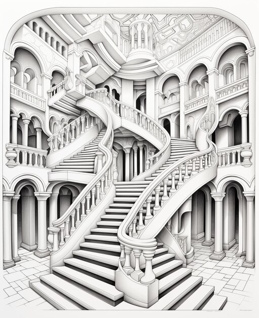 Foto un dibujo de una escalera que conduce a un gran edificio generativo ai