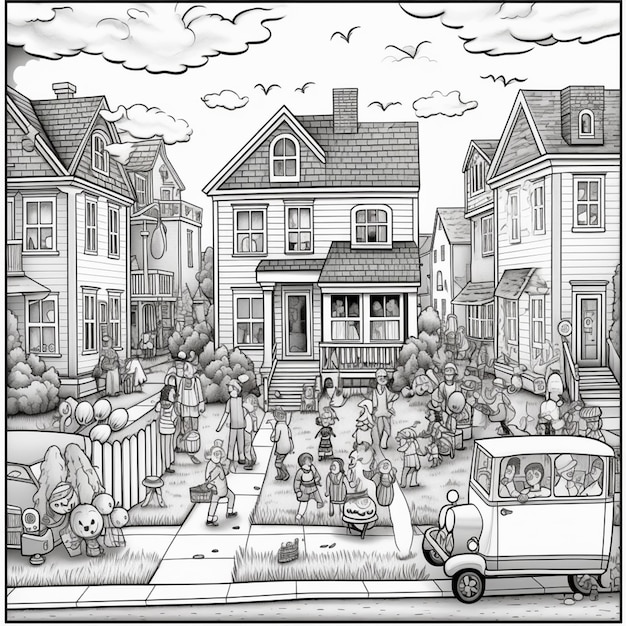 un dibujo de una escena callejera con un coche y una casa generativa ai