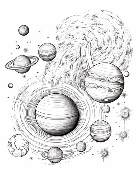 un dibujo de una escena espacial con planetas y una espiral generativa ai