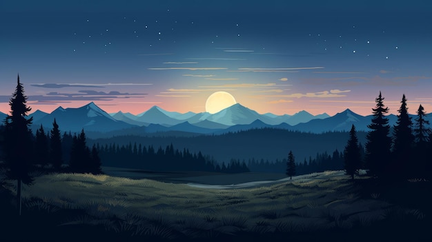 Dibujo de escena nocturna minimalista del Parque Nacional de Montana
