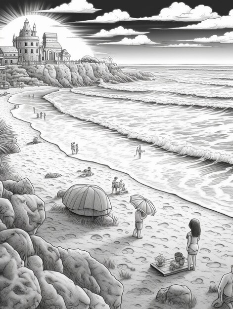 un dibujo de una escena de playa con el océano de fondo.